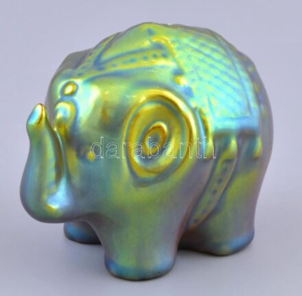 Zsolnay porcelán elefánt, eozin mázas, jelzés nélkül, apró mázrepedésekkel, 8,5x7 cm