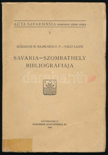 Szabados M. Ramunda O. P. - Vágó Lajos: Savaria-Szombathely bibliográfia. Acta Savariensia 5. Szomathely, 1948., Martineum, 177+1 p. Kiadói papírkötés, foltos borítóval, javított gerinccel. A Géfin Gyula (1889-1973) teológiai