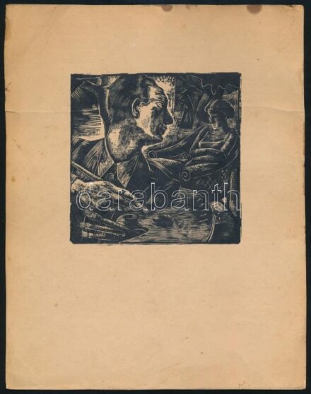 Jelzés nélkül: Festő és modell. Fametszet. 10x9 cm
