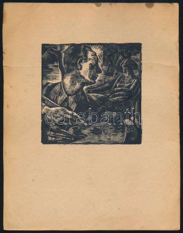 Jelzés nélkül: Festő és modell. Fametszet. 10x9 cm