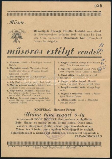 1949 Rákosligeti Községi Tűzoltó Testület által rendezett műsoros estély szórólapja