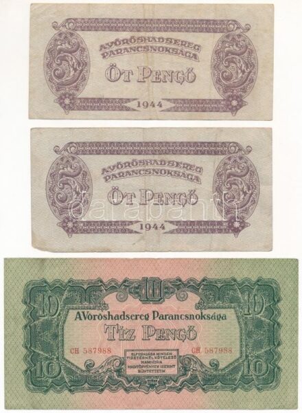1944. 5-10-20P 'A Vörös Hadsereg Parancsnoksága' (6db,3xklf) T:III köztük: anyaghiány, folt, kis szakadás, rárakódott szennyeződés, egyiken szép papír