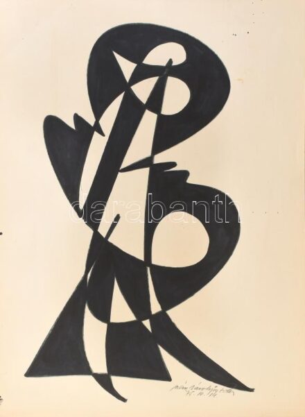 Szász Károly István (1909-1979): Dinamikus formák, 1975. Filctoll, papír, jelzett, lap teteje papírra kasírozva, 40,5×29 cm. Soós Imre (1921-2013) műgyűjtő, művészeti író, a Kisgrafika folyóirat szerkesztője, a Magyar Nemzeti