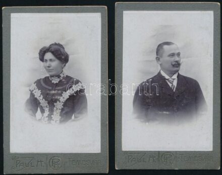 cca 1900 Házaspár portréja, 2 db keményhátú fotó Paul H. temesvári műterméből, 10,5×6,5 cm