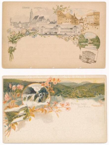 2 db RÉGI barna 2 Ga. díjjegyes Ezredéves Kiállítás művészlap: Zágráb, Plitvicei tavak / 2 pre-1900 brown Ga. Hungarian Millenium Exposition art postcards: Zagreb and Plitvice Lakes