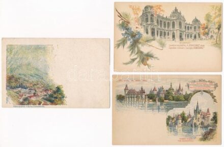 3 db RÉGI barna 2 Ga. díjjegyes Ezredéves Kiállítás művészlap: Budapest, Herkulesfürdő / 3 pre-1900 brown Ga. Hungarian Millenium Exposition art postcards: Budapest and Baile Herculane
