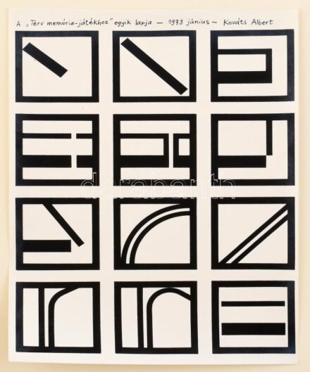 Kováts Albert (1936-): A 'Terv memória-játékhoz' egyik lapja, 1973. Nyomat, papír, jelzett, lap teteje papírra kasírozva, 29×20,5 cm. Mellékelve egy nyomtatvány, amelyen az alkotás reprodukálva. Soós Imre (1921-2013) műgyűjtő,