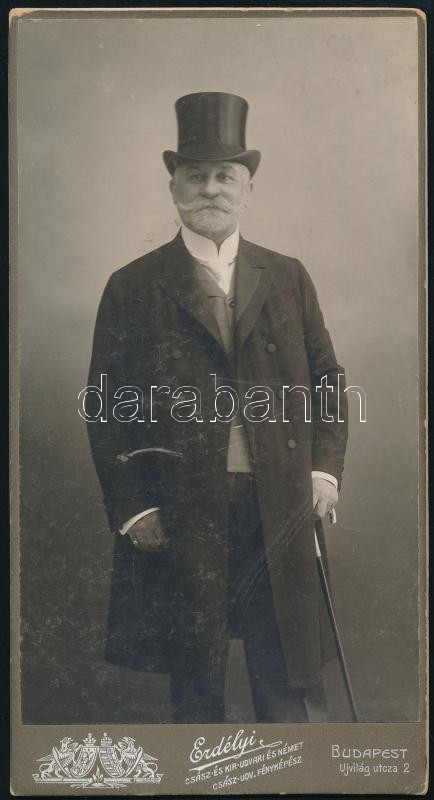 cca 1900 Szohner Antal honvédelmi miniszteri tanácsos (1847-1911) honvédelmi miniszteri tanácsos, színműíró, műkritikus, Lipót-rend lovagkeresztjével kitüntetett, keményhátú fotó Erdélyi Mór budapesti műterméből,