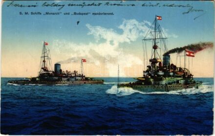 1914 SMS Monarch és SMS Budapest az Osztrák-Magyar Haditengerészet Monarch-osztályú partvédő páncélosai / SM Schiffe 'Monarch' und 'Budapest' manövrierend. K.u.K. Kriegsmarine / WWI Austro-Hungarian Navy SMS Monarch and SMS Budapest