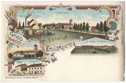Emiliamajor, Emilienhof (Magyarcsernye, Magyar-Czernya, Nova Crnja); Maschinen-Werkstätte, Wirthschaftshof, Kastell mit Kapelle, Magazine, Schule / gépműhely, gazdasági udvar, kastély, kápolna, iskola, magtár. Schwidernoch Károly