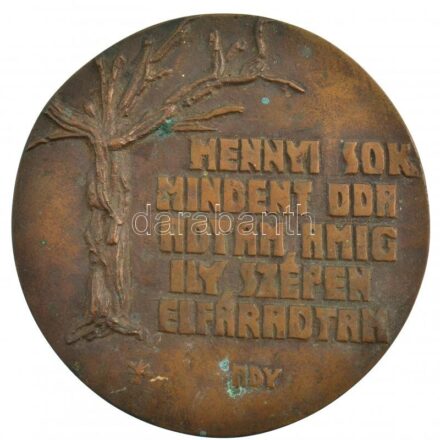 Konyorcsik János (1926-2010) DN 'Mennyi sok mindent oda-adtam amíg ily szépen elfáradtam - Ady' egyoldalas Br érem (97mm) T:1- patina, hátulján a Képcsarnok cetlijével