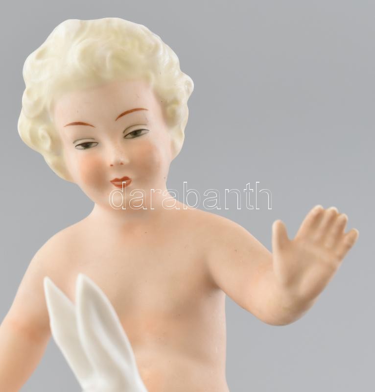Schaubach Kunst puttó figura nyuszival, kézzel festett, jelzett, kopott, m:14,5 cm - Image 2