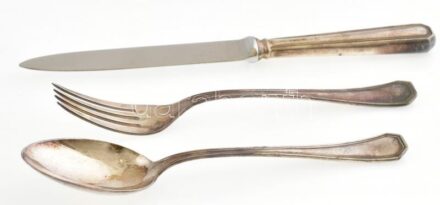 Ezüst(Ag) kanál, kés, villa, jelzett, h: 18, 15 cm, bruttó: 110,7 g