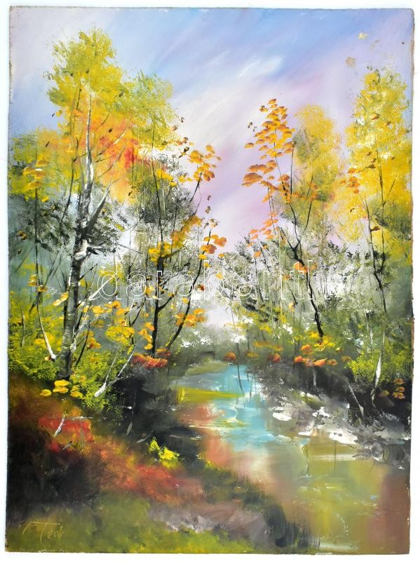 Papp Tünde (1978-): Nyárfás part. Olaj, farost, jelzett, 45×33 cm