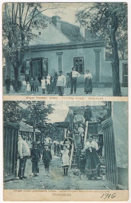 1916 Homokos, Mramorak; Dinger Therézia üzlete, Dinger Johan géplakatos telepe / Therézia Dinger's Warenhaus, Johan Dingers Maschinen-Schlosserei / shop, machine locksmith (EB)
