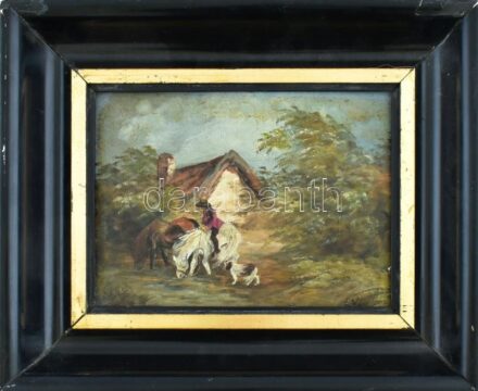 E. Weber jelzéssel: Lovas kutyájával. Olaj, falemez. Dekoratív, sérült fa keretben. 18×24 cm