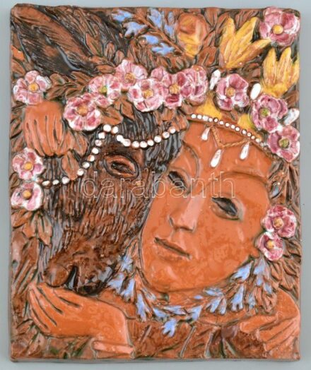 Varga Mátyás (1910-2002): Lány szamárral. 1996. Mázas kerámia falplasztika, jelzett, apró máz hibával, 21x17 cm