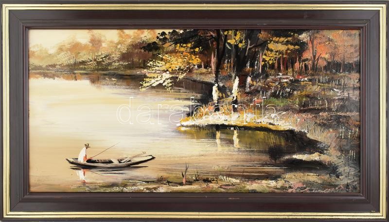 Lukács János (1952- ): Táj horgásszal. Olaj, farost, jelzett, hátoldalán Műkincs Kft. címkéjén feliratozott. Dekoratív, kissé sérült fa keretben, 40×80 cm