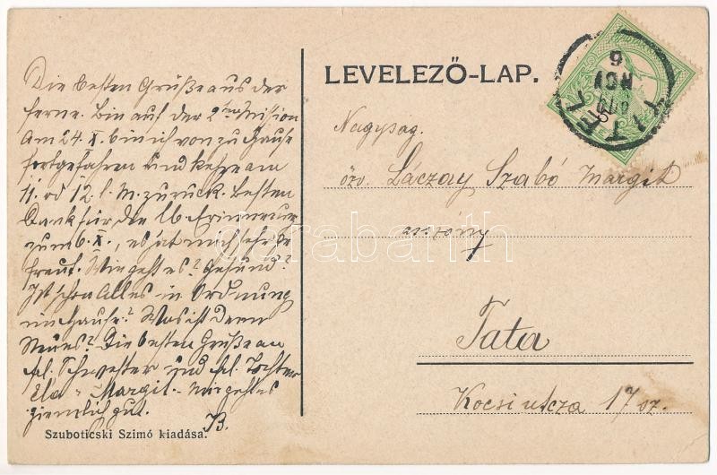 1909 Titel, Tiszai kikötő, gőzhajó, Selyemgyár. Szuboticski Szimó kiadása / port, steamships, silk factory, silk mill. Art Nouveau, floral (EK) - Image 2