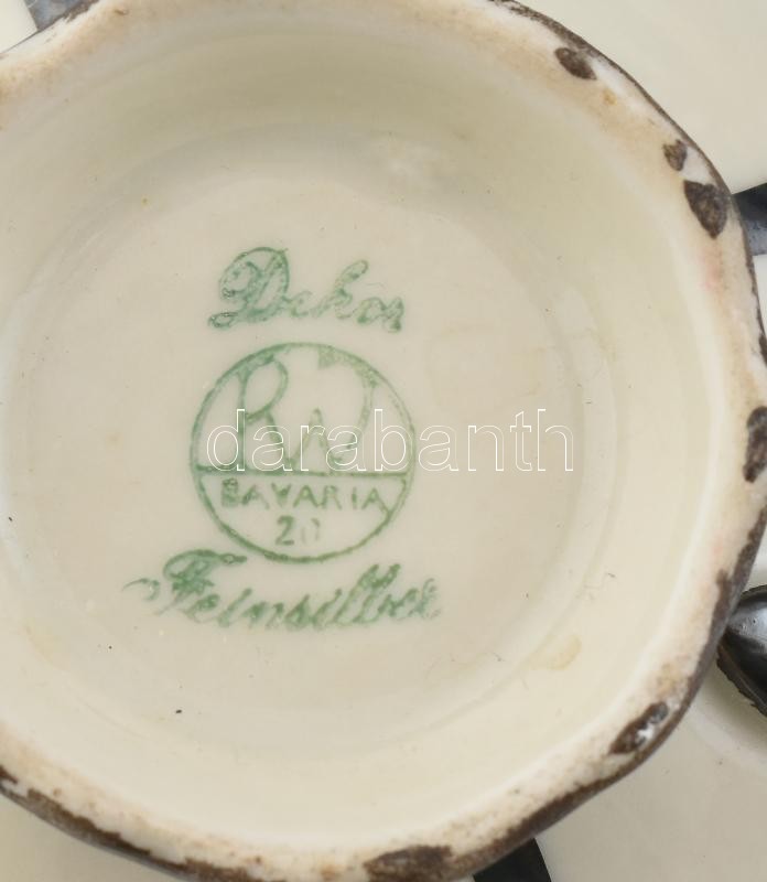 Bavari 6 személyes ezüstfestett teás és mokkáskészlet, kopott, jelzett. - Image 3