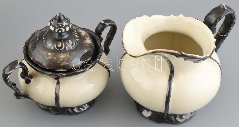 Bavari 6 személyes ezüstfestett teás és mokkáskészlet, kopott, jelzett. - Image 4