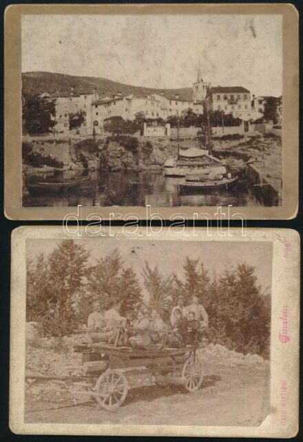1893 Lovran (Horvátország), városrészlet, kirándulás kocsin, 2 db keményhátú fotó kopásnyomokkal, 13×18 cm