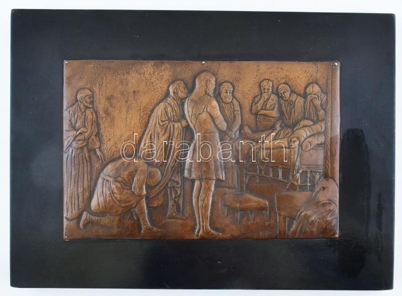 Heks 1923 jelzéssel: Nagy Sándor halála, kalapált rézlemez, fára applikálva, kopott, 21,5x28cm