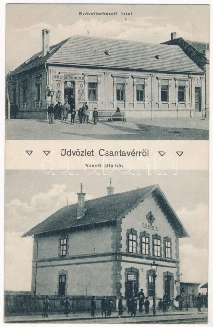1913 Csantavér, Cantavir; Csantavéri Keresztény Fogyasztási Szövetkezet üzlete, vasútállomás / cooperative shop, railway station (lyuk / pinhole)