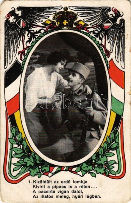 1917 Viribus Unitis propaganda katonával és szerelmével. Art Nouveau (fa) + 'K.U.K. RESERVESPITAL in Szeged. Gruppe IV.'