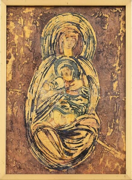 Kovács Júlia ( - ): Anya gyermekével. Hátoldalán etikettel jelzett, üvegezett fém keretben. 33x23cm