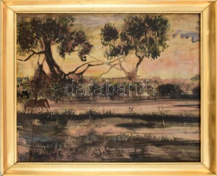 Vinkler László (1912 - 1980): Lovas táj. 1976. Akvarell, papít. Üvegezett kopott keretben, jelzett, 59x79cm
