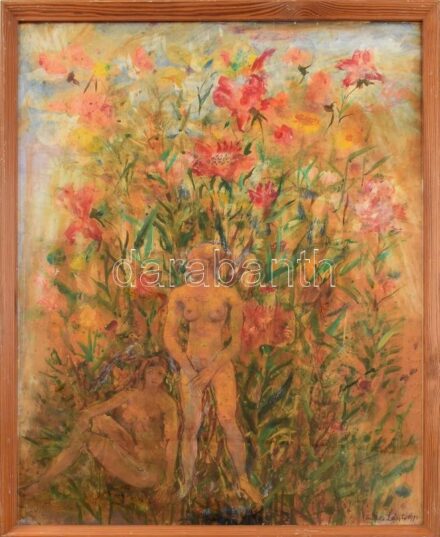 Vinkler László (1912 - 1980): Fürdőző nők. 1971. Vegyes technika, papít. Üvegezett kopott keretben, jelzett, 85x60cm