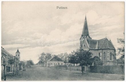 Petőc, Putince, Putinci; utca, templom. Eschbach kiadása / street view, church