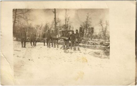 1916 Osztrák magyar katonák faépítményeket szállítanak egy sodronypályán / WWI K.u.k. military wire rope track, soldiers transporting wooden constructions. photo (EB) + 'K.u.k. Infanterieregiment Freiher von Retcher Nr. 68.'