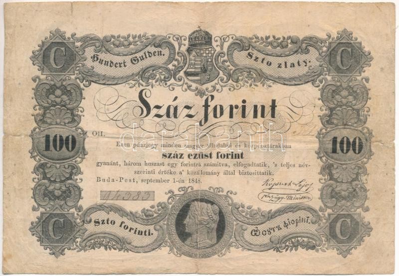 1848. 100Ft 'Kossuth bankó' '94383' sorszámmal T:III- kis lyukak, elvékonyodott papír Hungary 1848. 100Ft 'Kossuth banknote' with '94383' serial number C:VG small holes, thinned paper in places Adamo G114