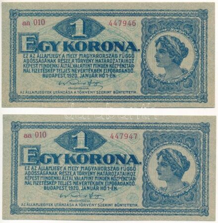 1920. 1K (2x, sorszámkövető: 'aa 010 447946 - aa 010 447947') T:I Adamo K4