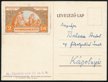Gyermekmentés 2f adománybélyeg levelezőlapon