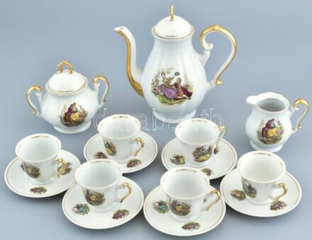 6 személyes mokkáskészlet, matricás porcelán, jelzett, kopott.