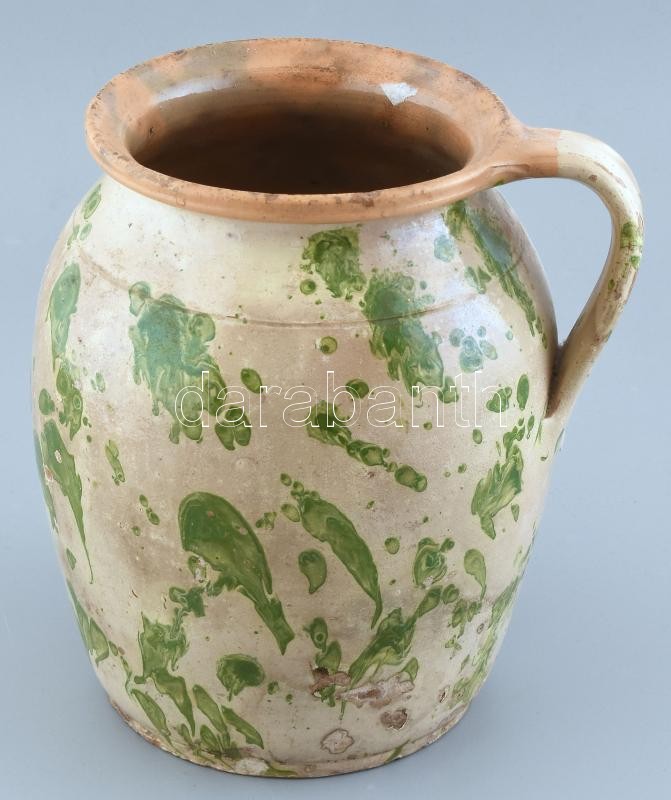 Csákvári füles köcsög, népi kerámia, kopott, sérülésekkel, m:23cm