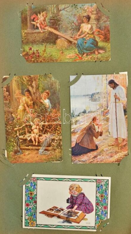 Képeslap gyűjtemény maradvány, főleg festmény, kevés külföldi városkép, régi nagy albumban