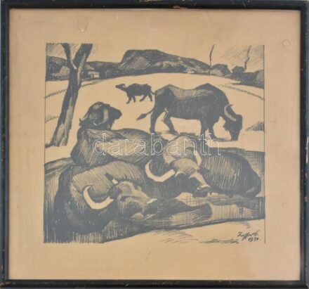 Ziffer Sándor (1880-1962): Fürdőző bivalyok, 1930. Ofszet, papír, jelzett a nyomaton, 32×35 cm. Üvegezett fa keretben. A mű festmény változatának reprodukciója a Kriterion által az 1980-ban kiadott Ziffer Sándor monográfia