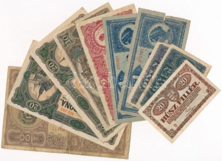 1920. 20f + 50f (2x) + 1K (2x) + 2K + 10K + 20K (2x) + 100K T:III,III- köztük: folt, szakadás, anyaghiány