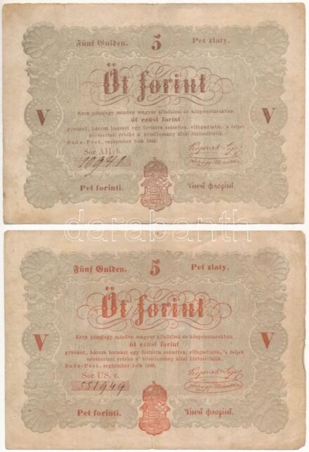 1848. 5Ft 'Kossuth bankó' barna nyomat '10941' + vörösesbarna nyomat '551949' T:III egyiken kis szakadás Adamo G109A, G109