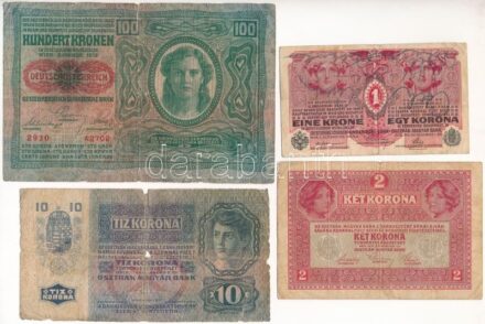1915. 10K + 1916. 1K + 1917. 2K + Ausztria 1912. 100K, vízszintes 'DEUTSCHÖSTERREICH' felülbélyegzéssel, mindkét oldal német T:III-IV köztük: lyuk, szakadás, anyaghiány, firka