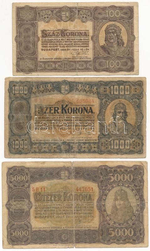 1923. 100K nyomdahely jelölés nélkül + 1000K + 5000K utóbbi kettő 'Magyar Pénzjegynyomda R.t. Budapest' nyomdahely jelöléssel T:III,III- szakadás, anyaghiány, lyuk