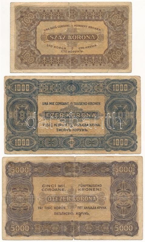 1923. 100K nyomdahely jelölés nélkül + 1000K + 5000K utóbbi kettő 'Magyar Pénzjegynyomda R.t. Budapest' nyomdahely jelöléssel T:III,III- szakadás, anyaghiány, lyuk - Image 2