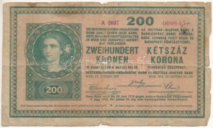 1918. 200K 'A 2037' hullámos hátlappal T:III- szakadások, lyuk, kis folt Adamo K31/6