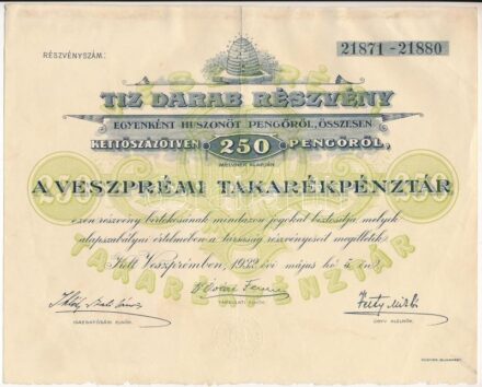 Veszprém 1932. 'A Veszprémi Takarékpénztár Részvénytársaság' 10db részvénye egyben, összesen 250P-ről, szárazpecséttel, szelvényekkel T:II