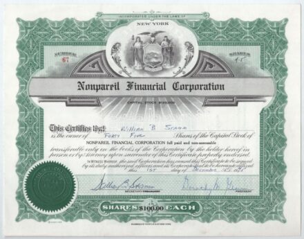 Amerikai Egyesült Államok / New York 1915. 'Nonpareil Financial Corporation' 45 részvénye egyben szárazpecséttel T:III USA / New York 1915. 'Nonpareil Financial Corporation' 45 shares in one, with ambossed stamp C:F