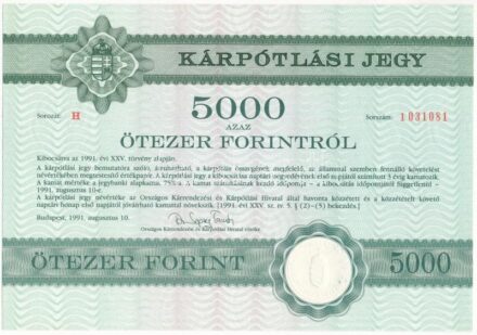 Budapest 1991. 'Országos Kárrendezési és Kárpótlási Hivatal' kárpótlási jegye 5000Ft-ról, H sorozat T:I
